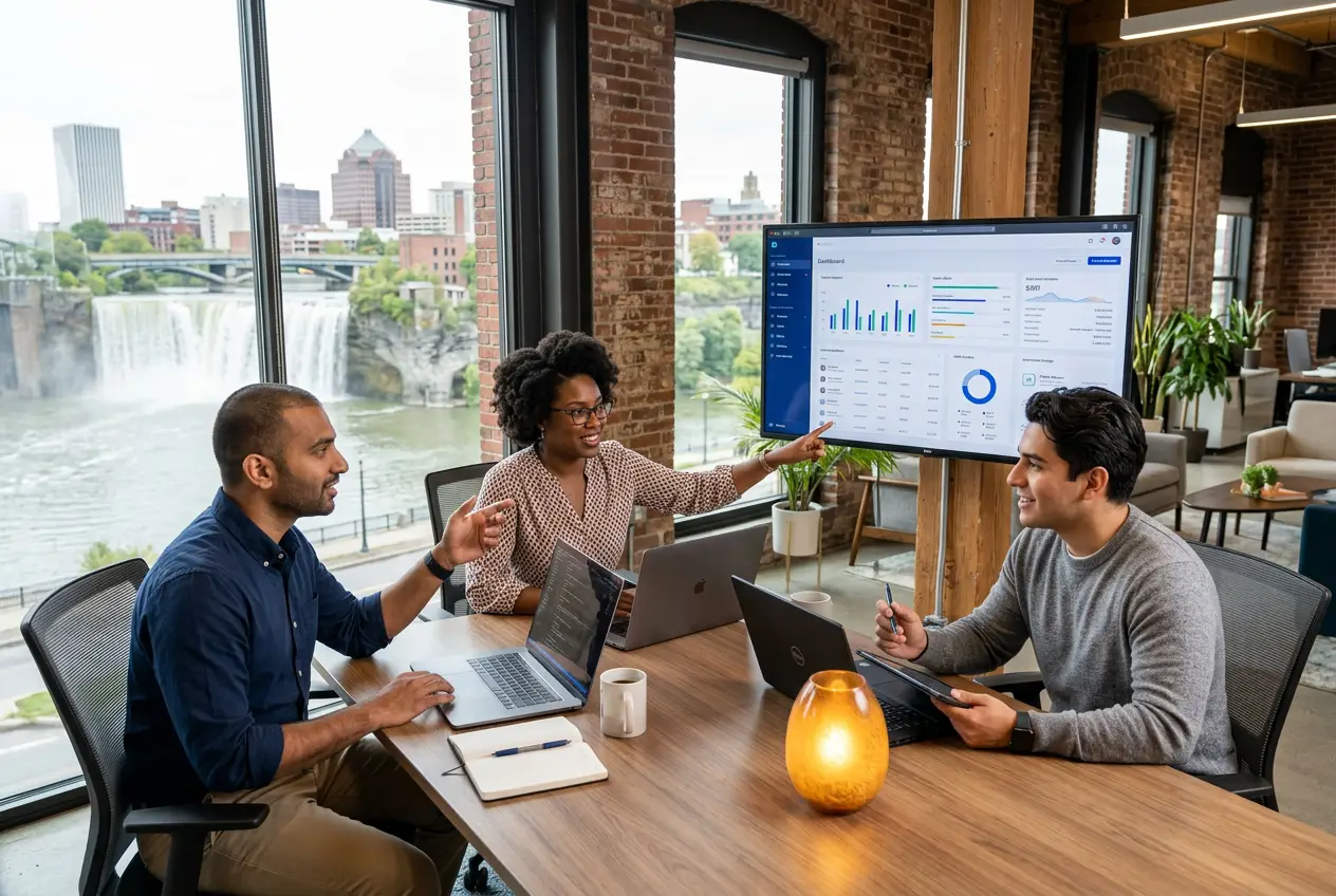 Rochester software engineers collaborating around a SaaS payroll dashboard in a downtown Rochester technology office