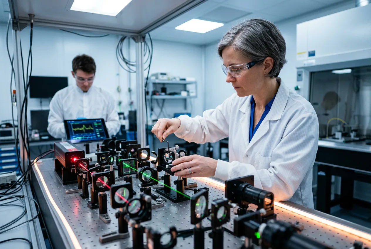 Rochester optical engineer calibrating a laser interferometer with lenses and beam splitters in a photonics clean room laboratory