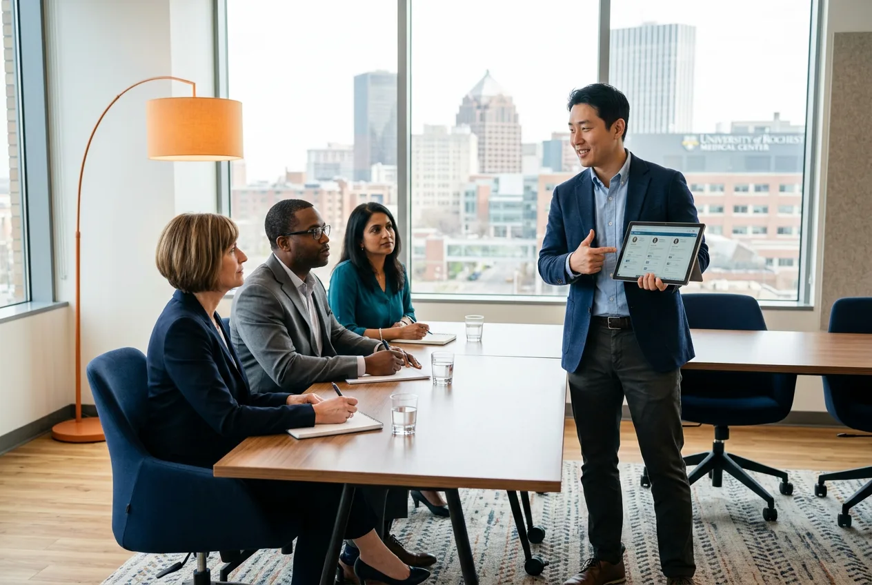 KORE1 recruiter presenting a candidate shortlist to a Rochester healthcare and technology hiring panel in a modern conference room