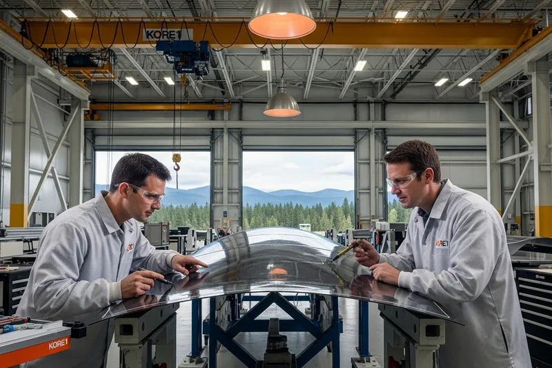 Aerospace composite engineers in clean room coats inspecting a carbon fiber aircraft fuselage panel on a fabrication jig inside a bright modern Spokane Washington aerospace production bay with overhead cranes and pine-covered ridges visible through the bay doors