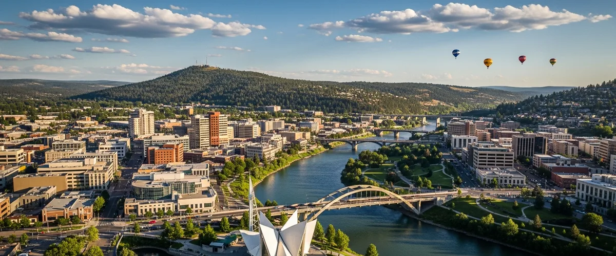 High aerial daytime view of Spokane Washington and the Spokane River winding past the Riverfront Park pavilion through downtown with the Centennial Trail Monroe Street Bridge and pine-covered Mount Spokane rising on the northern horizon