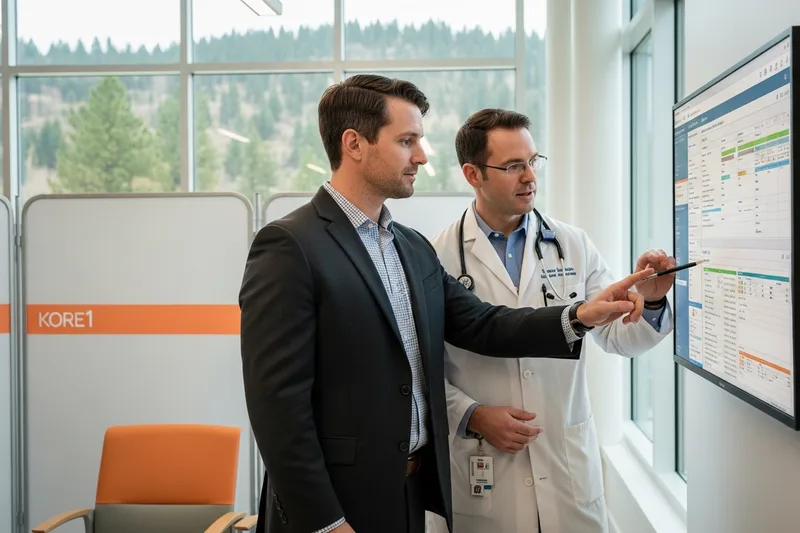 Healthcare IT consultant and physician reviewing an Epic clinical dashboard on a wall monitor inside a modern Providence Sacred Heart Spokane Washington medical center corridor with natural Inland Northwest light spilling through tall windows