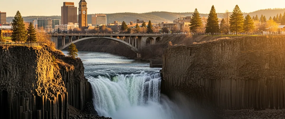 Spokane Falls roaring through basalt cliffs below the downtown Spokane Washington skyline at golden hour with the Monroe Street Bridge and Riverfront Park clock tower in the foreground and pine-covered hills rising in the distance