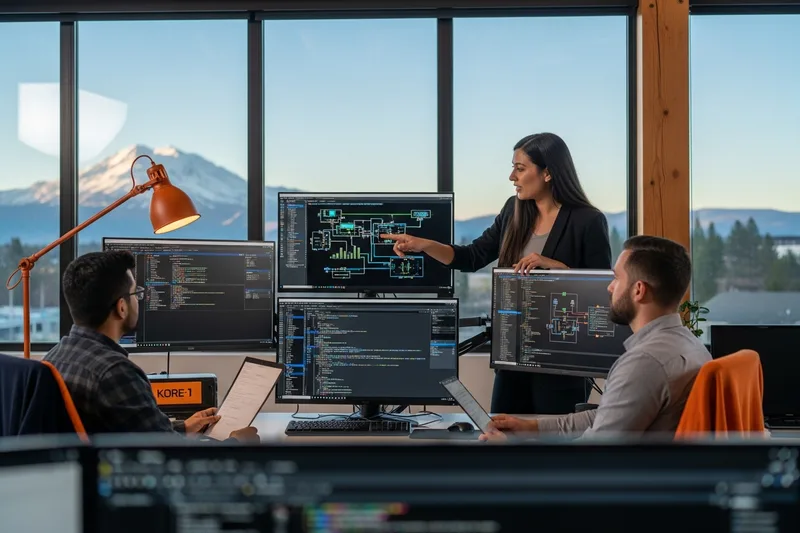 Software engineers and embedded firmware developers collaborating around a multi-monitor IIoT workstation in a modern Liberty Lake Spokane Valley Washington technology office with pine-covered Mount Spokane visible through floor to ceiling windows at dawn