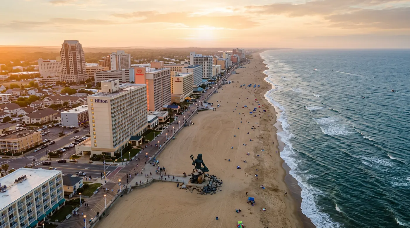 Aerial view of Virginia Beach Virginia oceanfront and Town Center skyline at golden hour