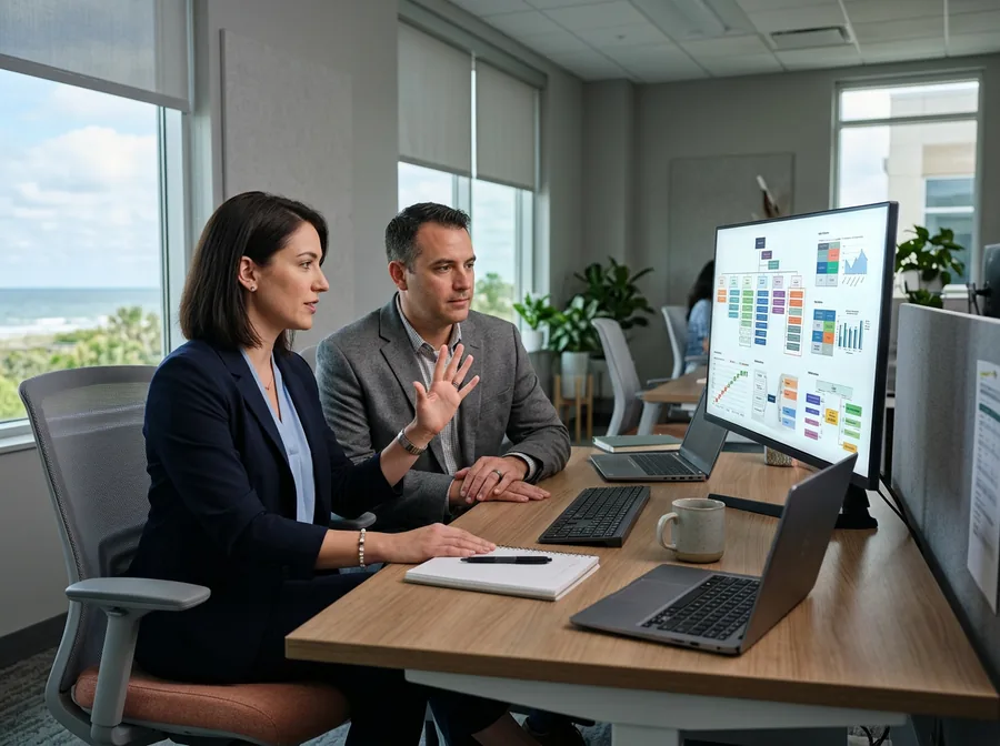 KORE1 defense IT recruiter in a Virginia Beach office reviewing cleared talent and cybersecurity candidate profiles with a hiring manager