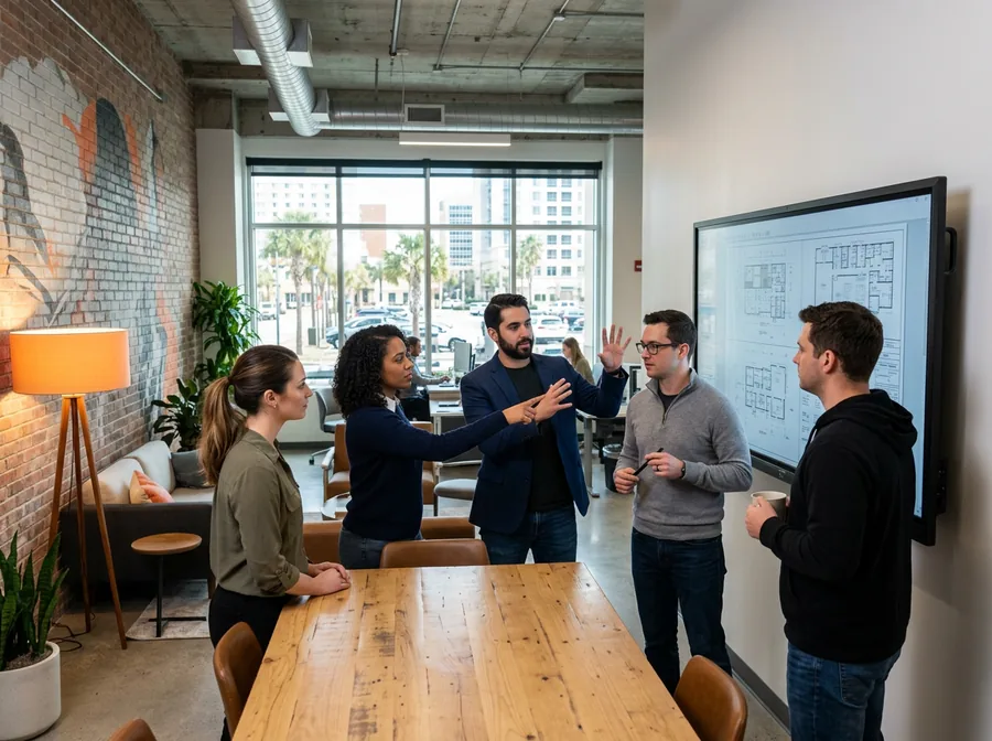 Virginia Beach technology professionals collaborating in a modern Town Center coworking space