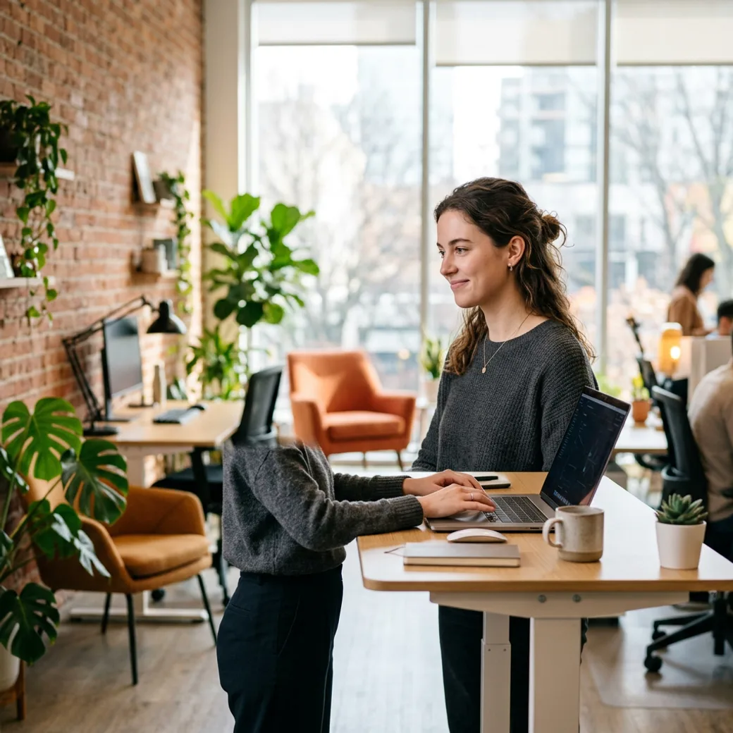 A startup employee placed by KORE1 recruiters working confidently at a standing desk in a bright open-plan office