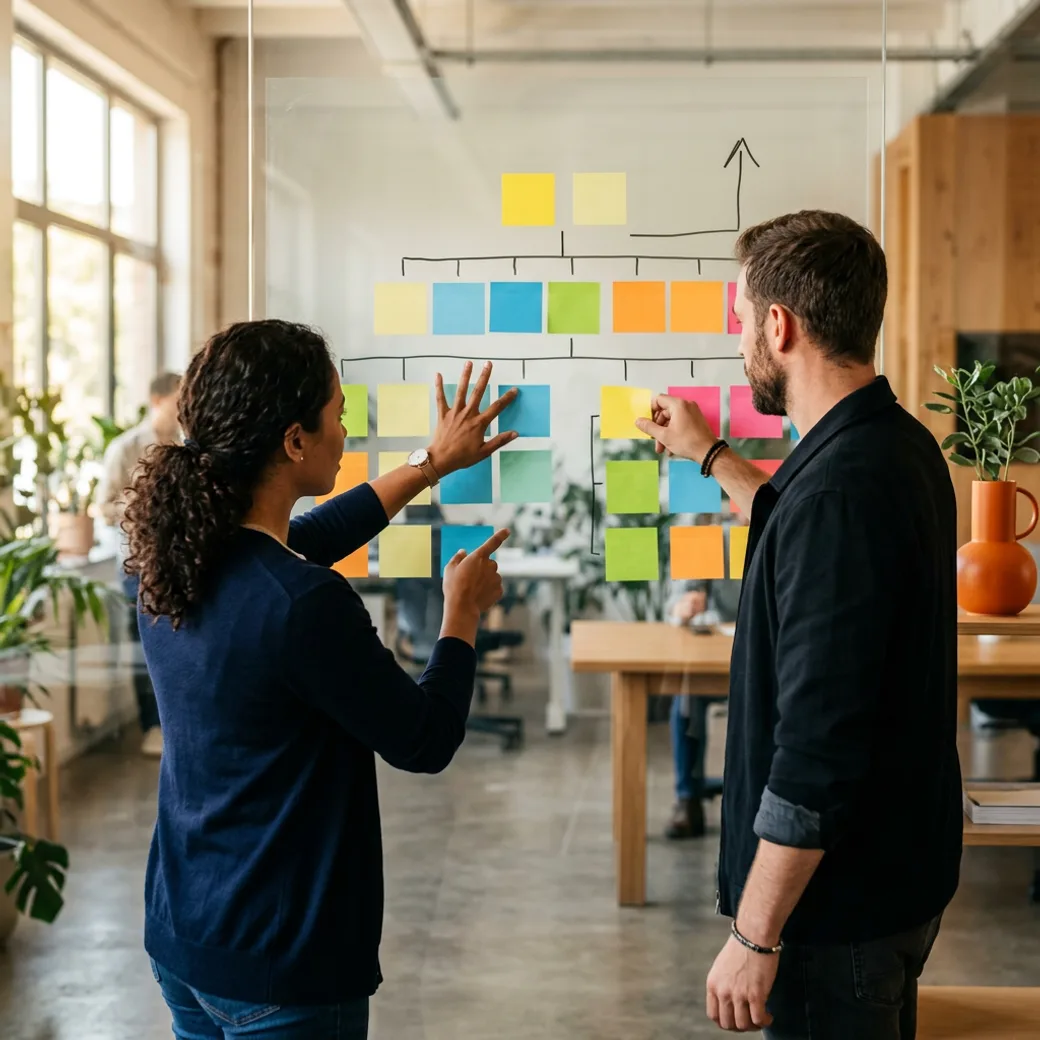 Two KORE1 recruiters mapping a startup founding team on a whiteboard covered in sticky notes and an org chart