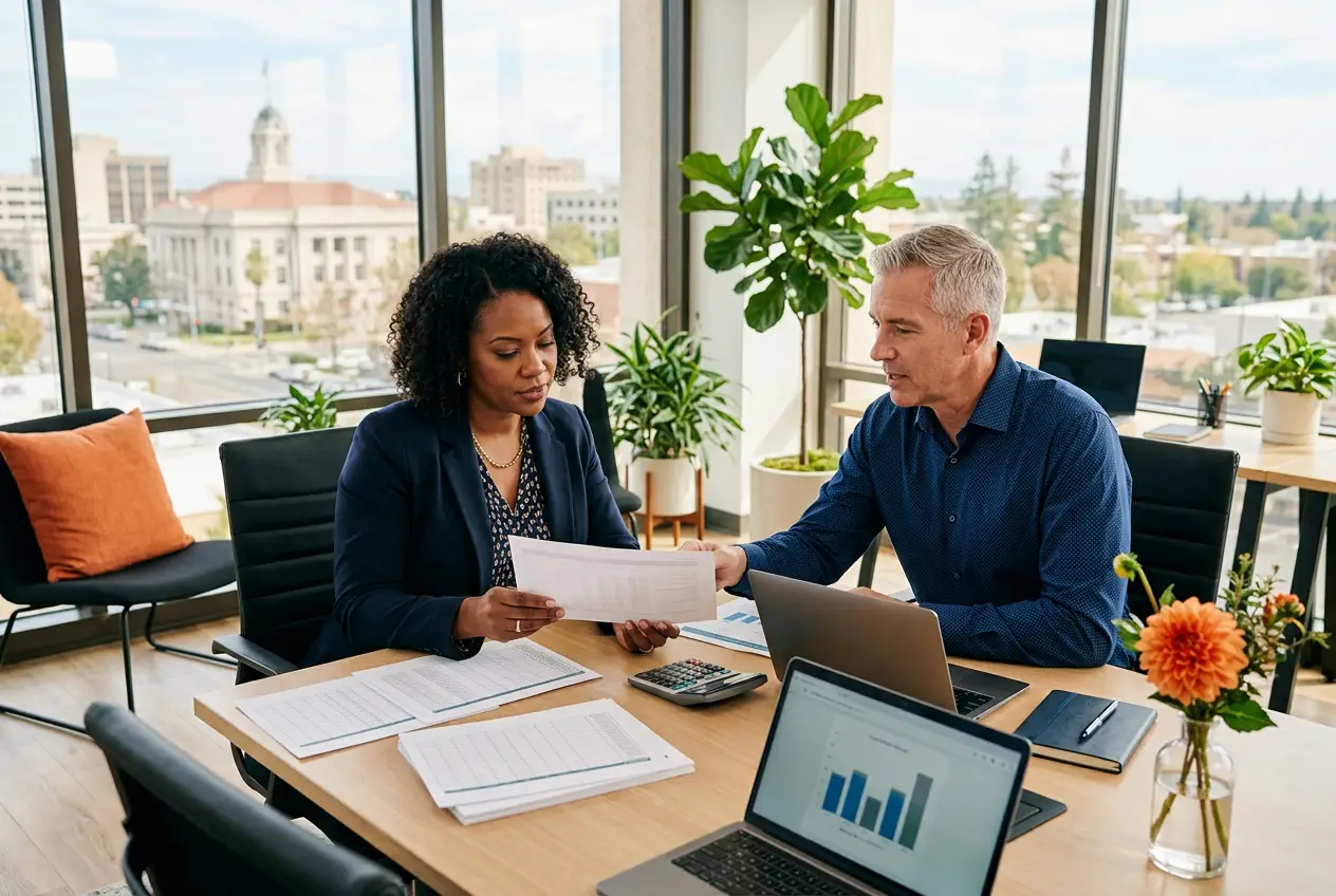 Accounting controller and CFO consulting on month-end close at a Stockton finance office