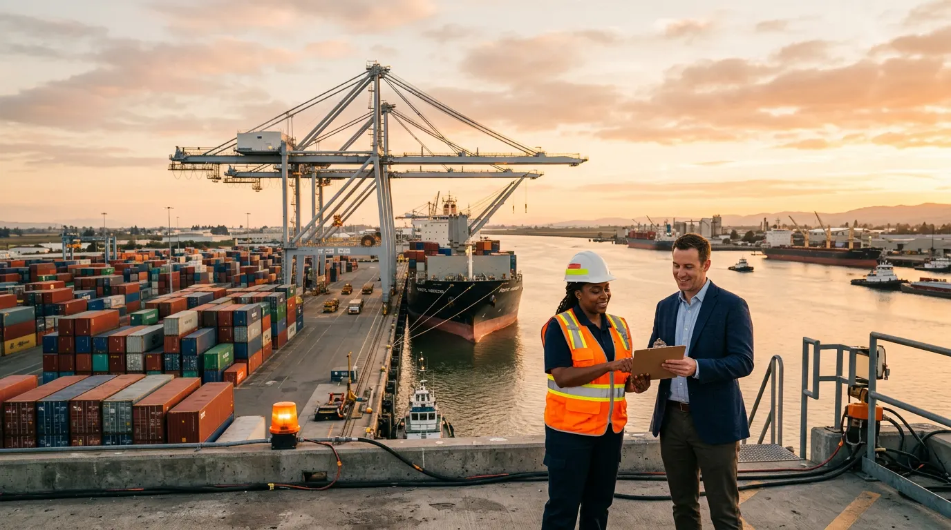 Port of Stockton inland deepwater terminal with logistics workers and KORE1 staffing recruiter on a Central Valley dock