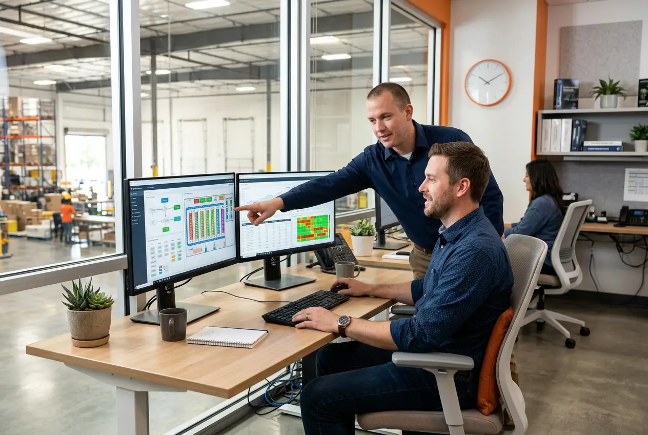 IT systems administrator reviewing warehouse management dashboards at a Stockton 3PL operations center