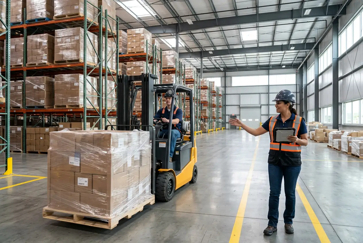 Forklift operator and warehouse lead reviewing inventory in a Stockton distribution center along the I-5 corridor
