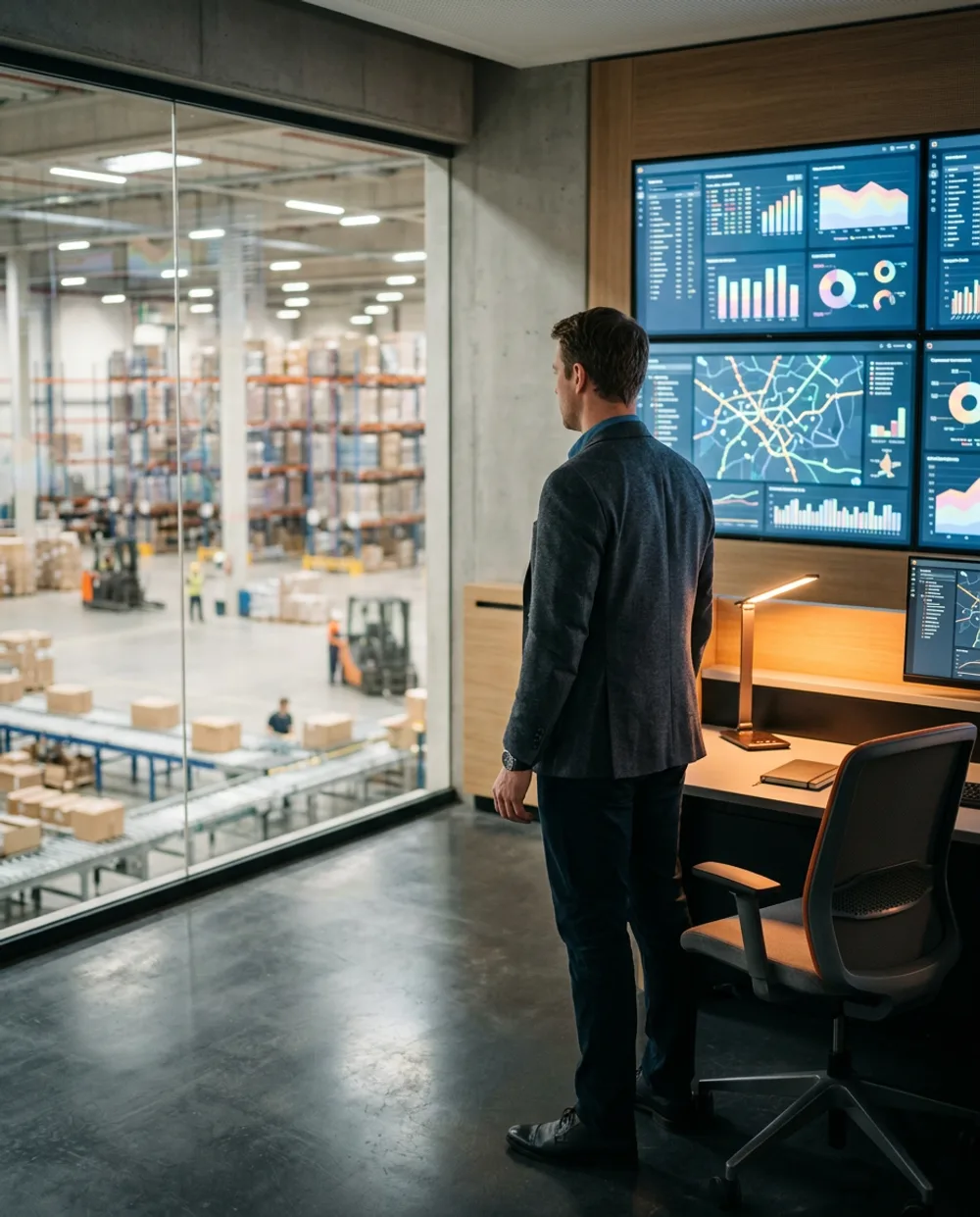 Supply chain IT analyst monitoring warehouse and transportation route dashboards in a logistics control tower