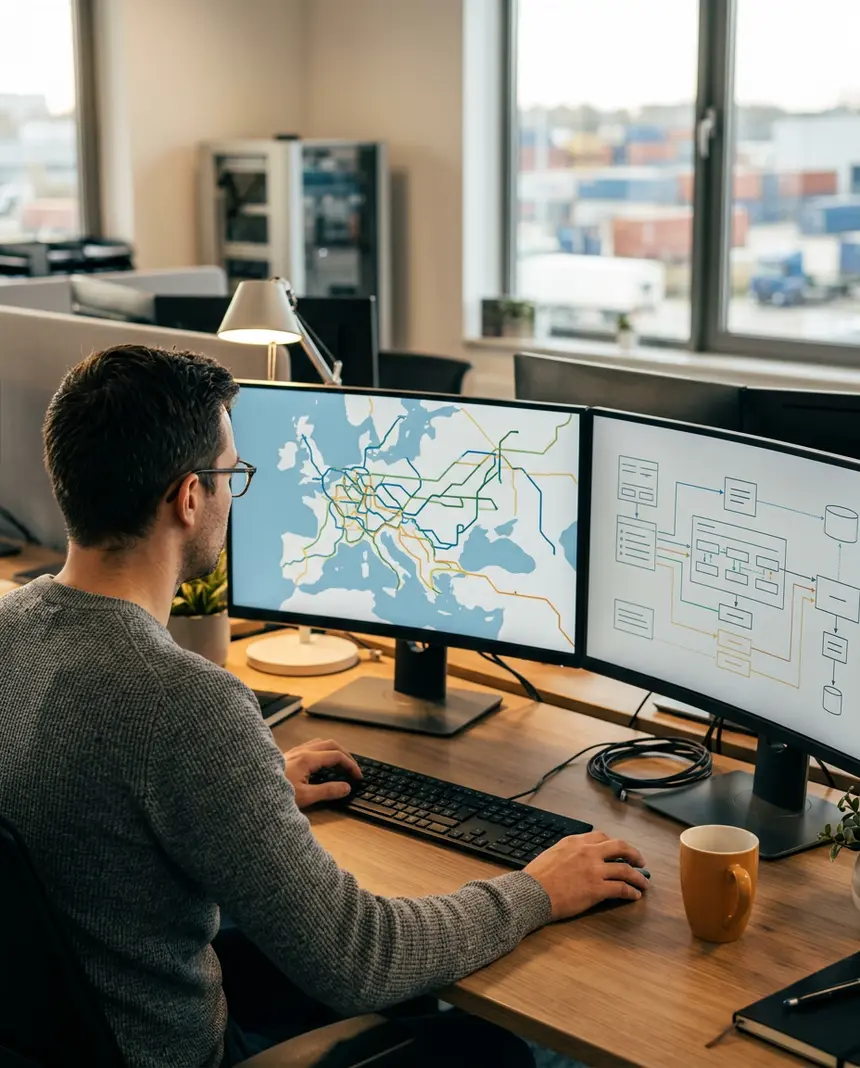 Transportation IT engineer building a TMS route optimization and carrier integration on dual monitors