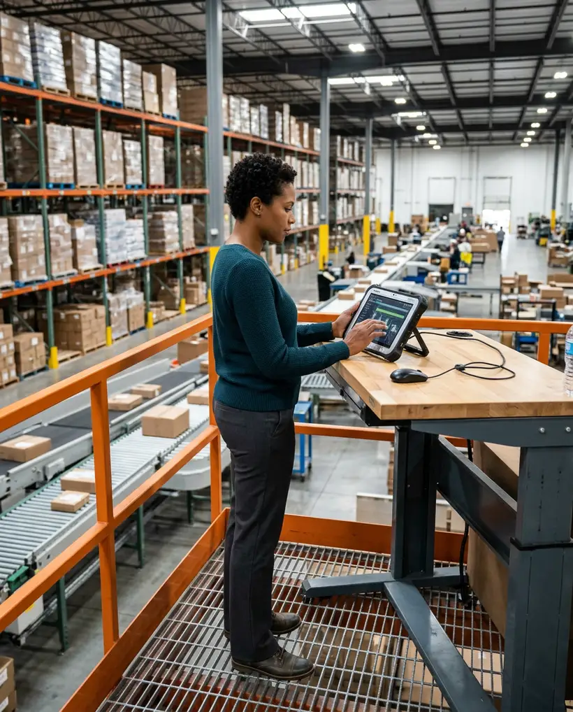 Warehouse systems engineer configuring a WMS pick-and-pack workflow on a distribution center floor