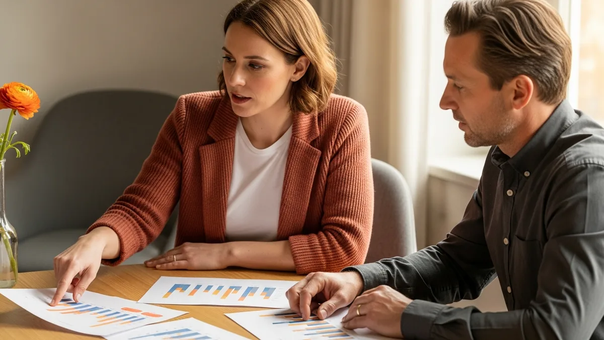 Hiring manager and recruiter reviewing printed data engineer hiring timeline benchmarks