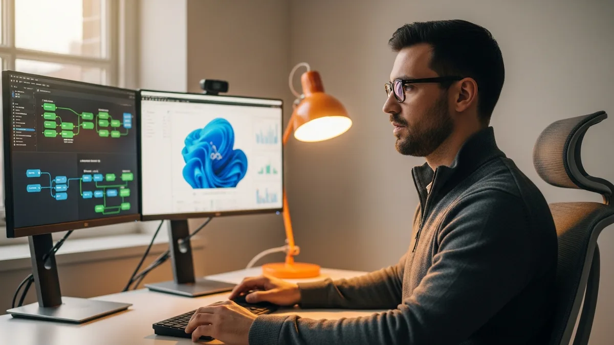 Data engineer building cloud data pipelines at a dual-monitor workstation