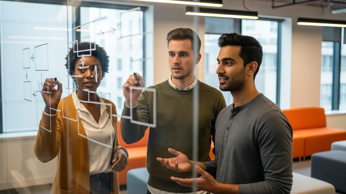 Data engineering team sketching a data pipeline architecture on a glass whiteboard