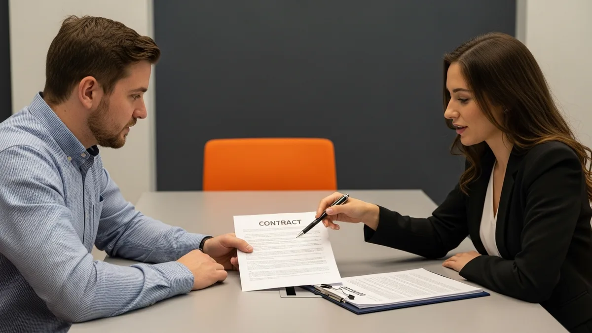 Recruiter and hiring manager reviewing a printed tech contractor bill rate breakdown together across a desk