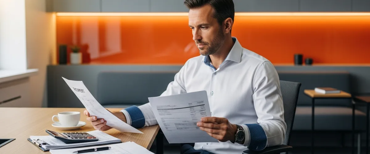 Staffing professional reviewing a printed tech contractor hourly rate sheet and invoice with a calculator at a desk