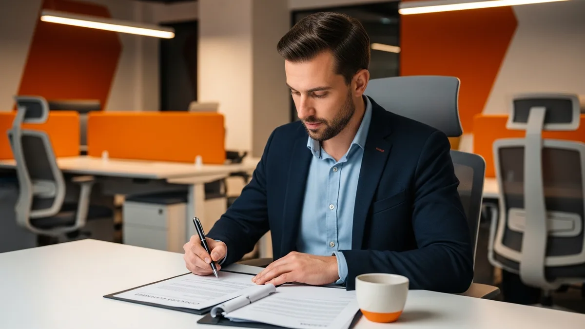 Tech contractor reviewing and signing a printed contract staffing agreement at a desk in a modern office