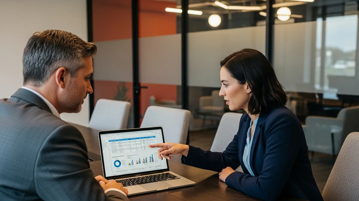 Hiring manager and recruiter reviewing 2026 AI engineer compensation data on a laptop