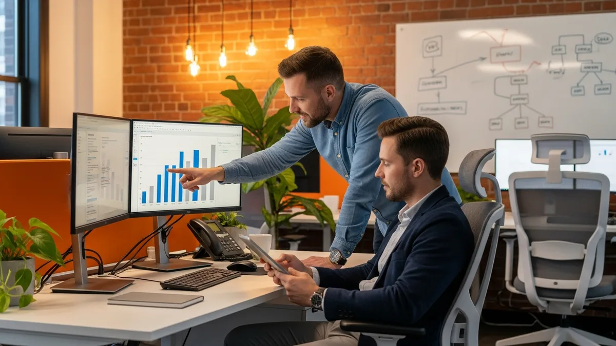 Senior software engineers reviewing candidate dossier on dual monitors during Q3 2026 tech hiring cycle