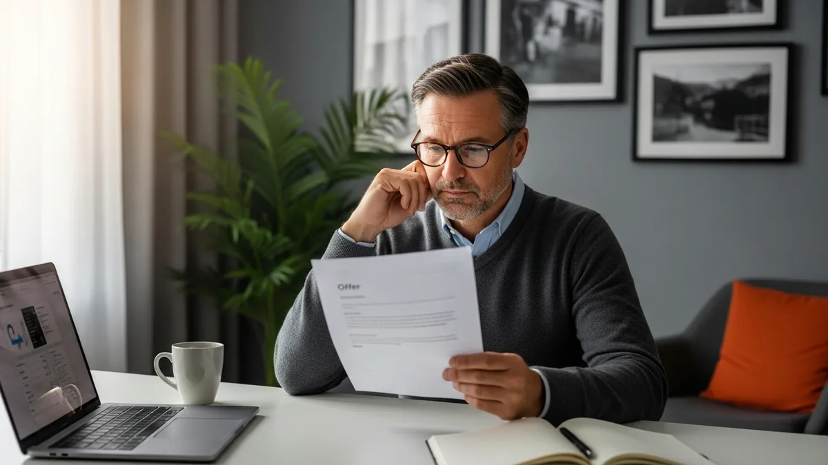 Senior tech professional reading printed offer letter in home office during Q3 2026 senior tech hiring market