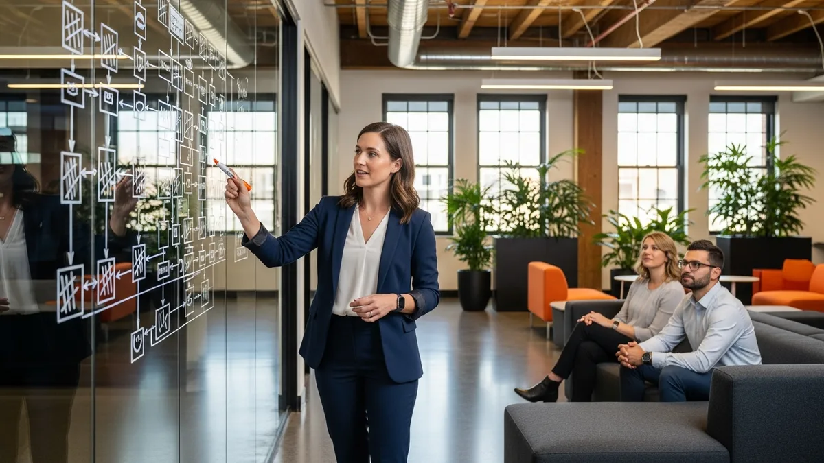 Recruiter mapping Q3 2026 candidate pipeline on glass whiteboard with colleagues in tech office
