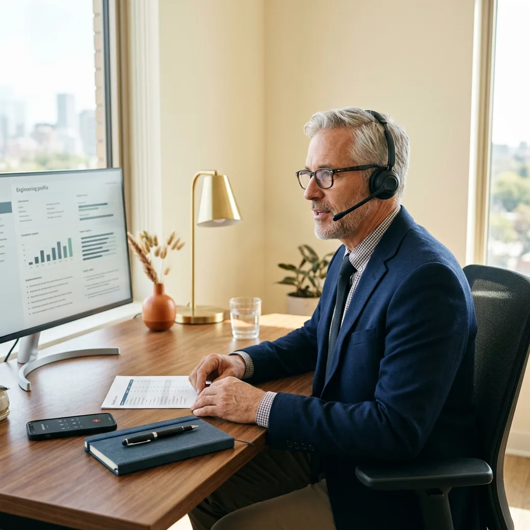 KORE1 tech recruiter on a call at a warm wooden desk with a printed candidate roster and a second monitor showing engineering profiles