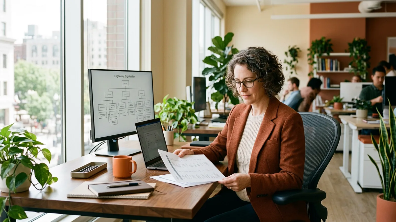 KORE1 tech recruiter reviewing a printed engineering candidate roster in a warm window-lit office