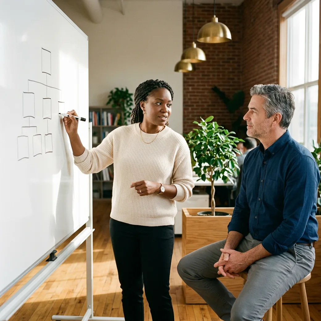 KORE1 tech recruiter sketching an org chart with a senior hiring manager at a sunlit whiteboard