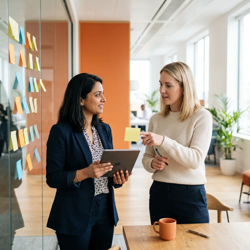 Two KORE1 recruiters comparing notes on SaaS sales candidates in a bright modern office