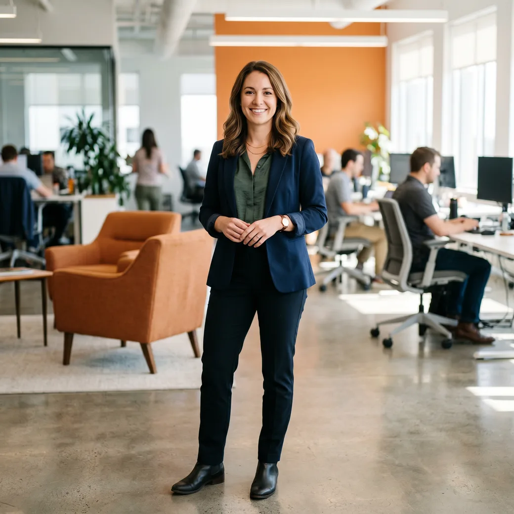 Confident SaaS account executive placed by KORE1 standing in a modern technology company office