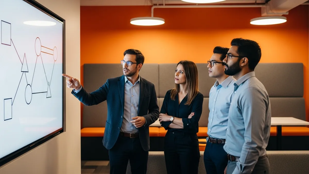 Technical product manager pointing at an architecture diagram on a wall monitor while leading a cross-functional team review