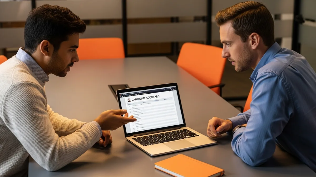 Hiring manager and staff engineer reviewing a candidate scorecard on a laptop during a technical product manager interview debrief
