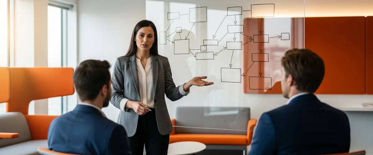 Technical product manager presenting an abstract system architecture diagram on a glass whiteboard to two interviewers during a 2026 technical PM interview