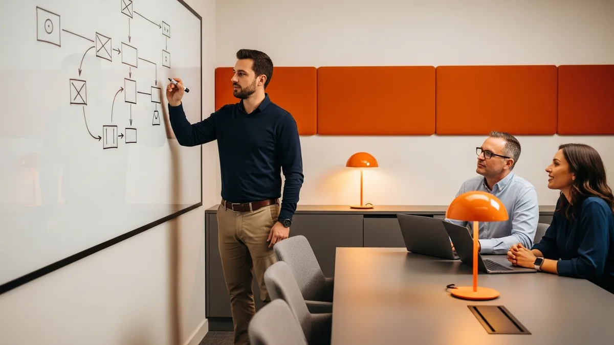 Technical product manager candidate sketching a system design on a whiteboard while an interviewer with a laptop observes during a technical PM interview