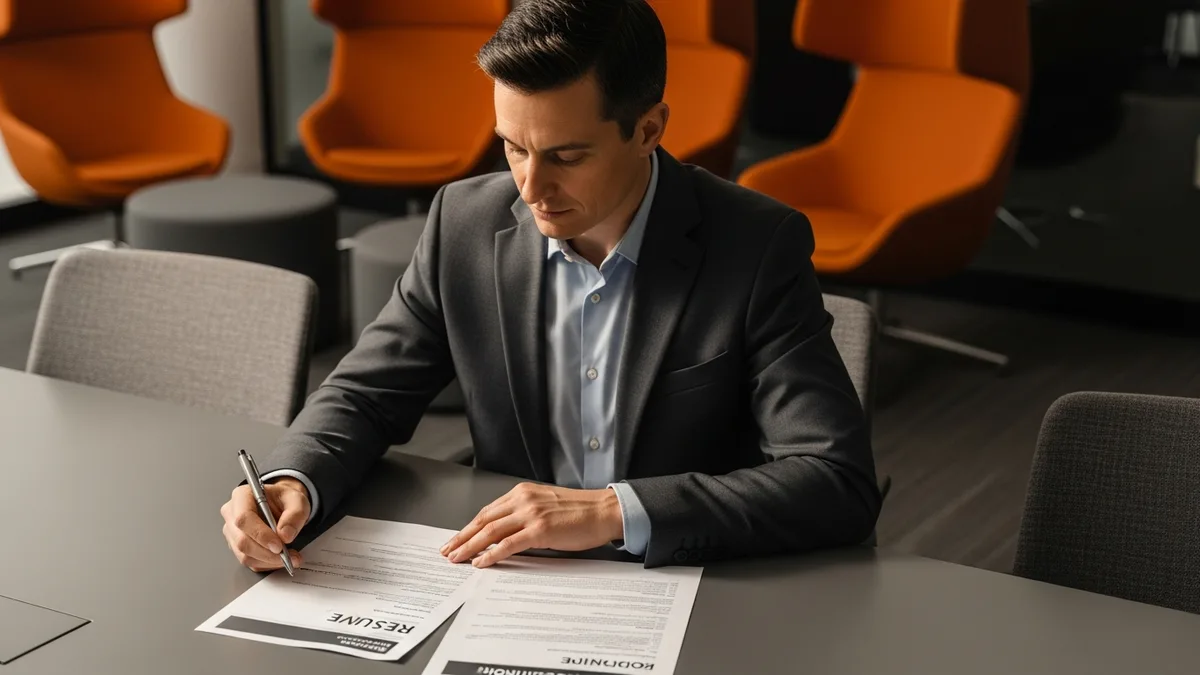 Hiring manager reviewing a printed technical product manager resume and job description with a pen