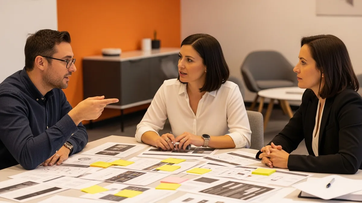 Product team collaborating over printed pages and sticky notes while drafting a technical product manager job description