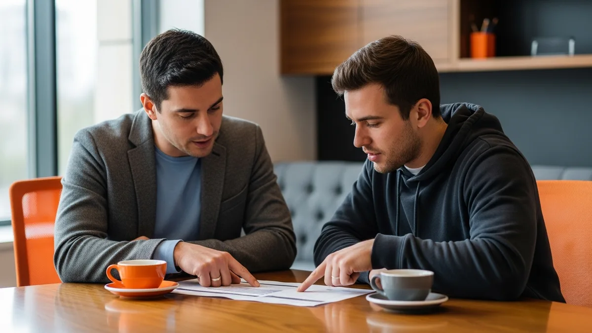 Technical product manager and software engineer reviewing a printed job description template at a desk