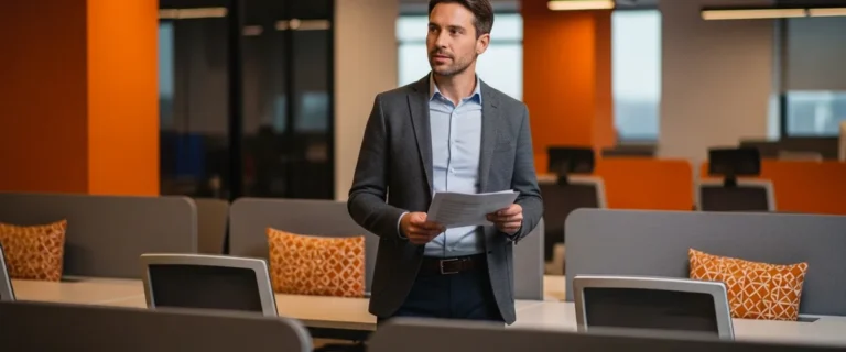 Technical product manager holding a printed job description in a modern office