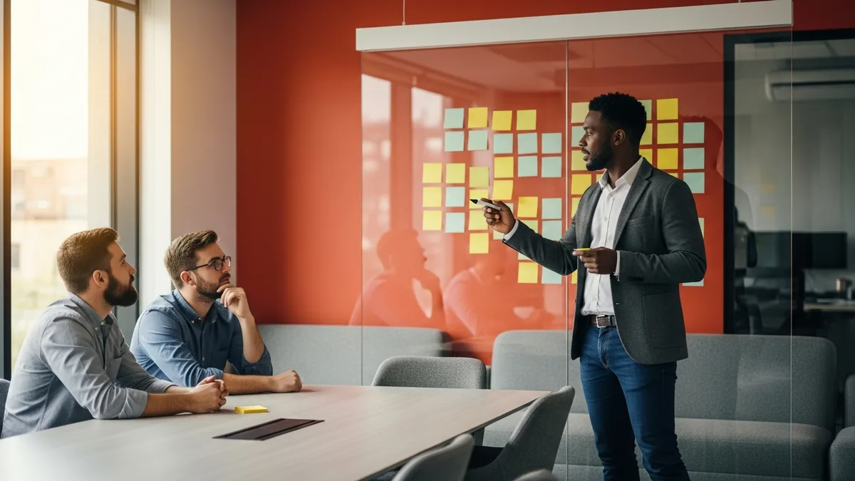 Technical product manager leading a backlog prioritization session at a glass board of sticky notes with two engineers in a modern technology office