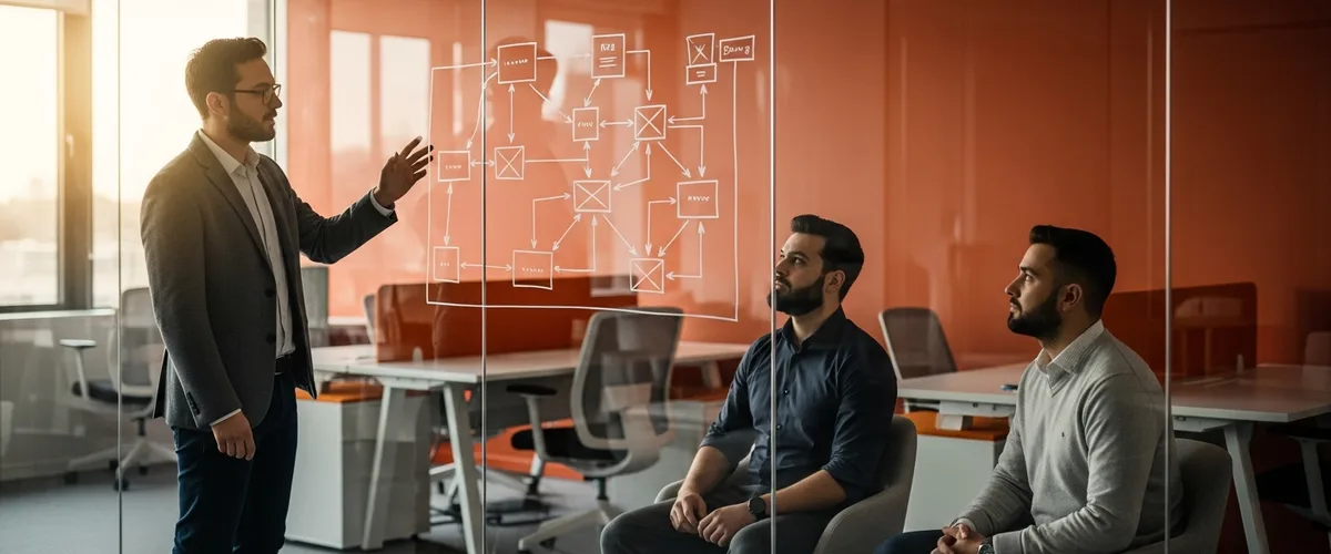 Technical product manager sketching an API architecture diagram on a glass wall while explaining a build decision to two software engineers in a modern technology office