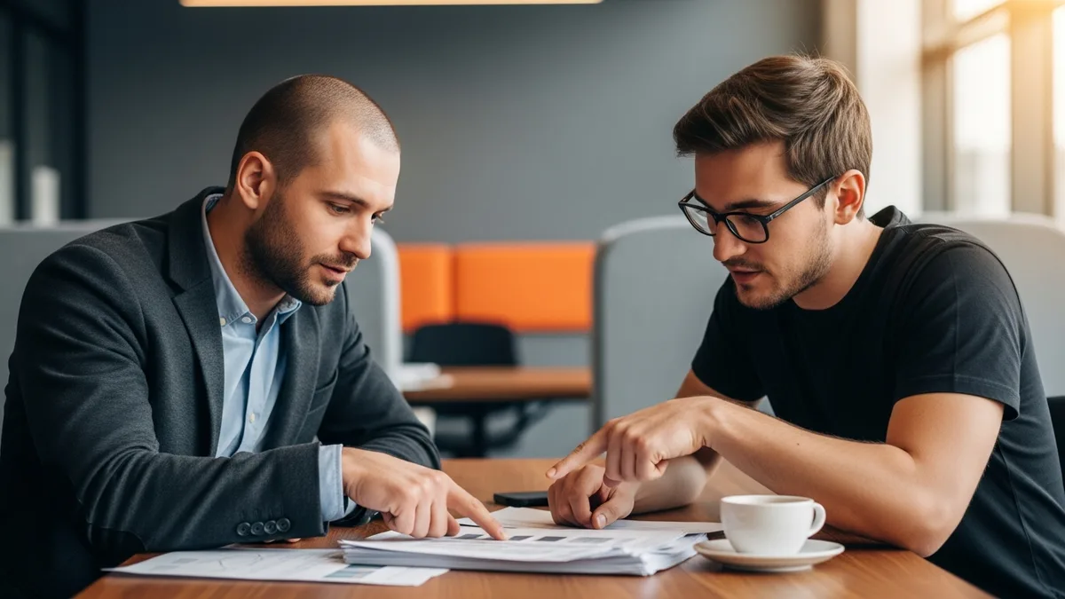 Technical product manager and a software engineer reviewing a printed API specification together at a desk in a modern tech office