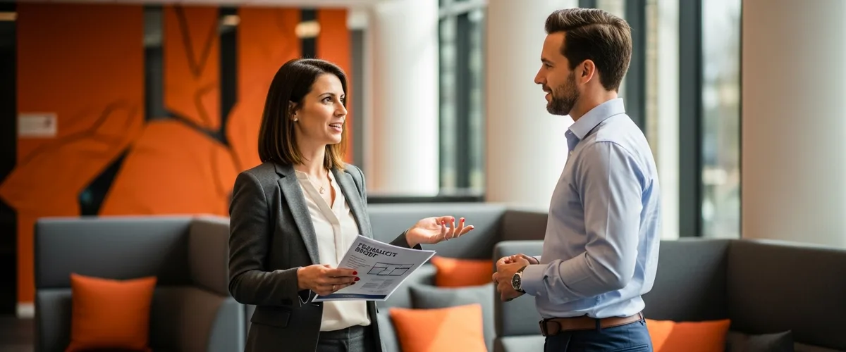 Technical product manager discussing a printed product brief with a colleague in a modern tech office, featured image for the 2026 technical product manager salary guide