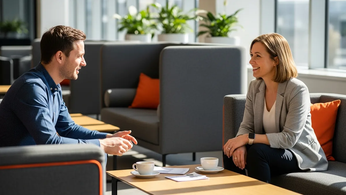 Hiring manager and a KORE1 recruiter discussing a technical product manager compensation band over printed notes in a bright office lounge