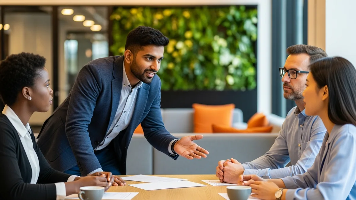 Technical product manager leading a cross-functional team discussion around a conference table in a modern tech office