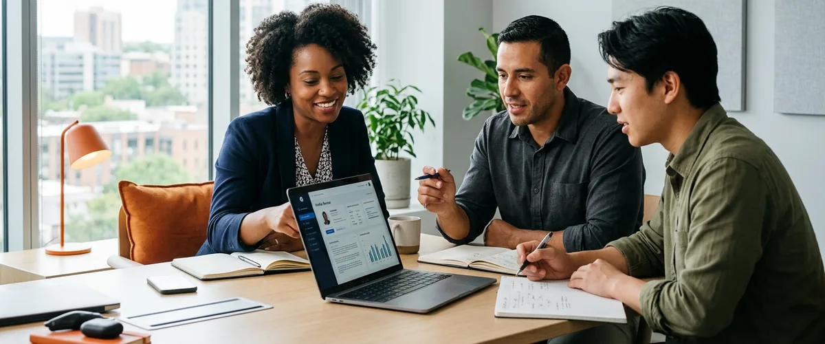 Technical recruiting services team reviewing software and engineering candidates in a modern office